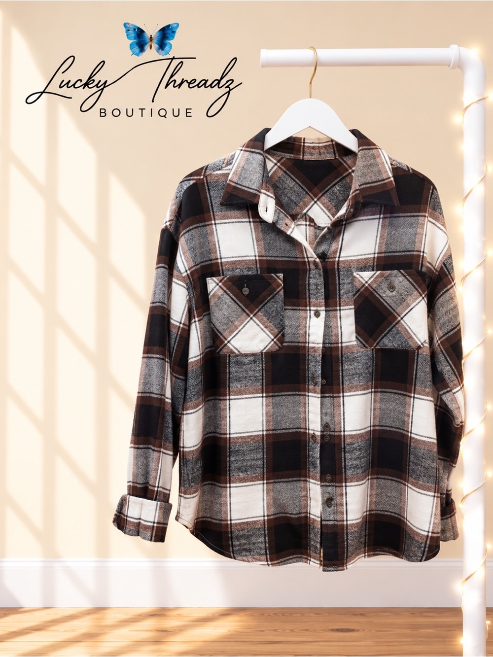 Garage Brown Black White Plaid Flannel Shirt XS S Oversized Button Front Cotton